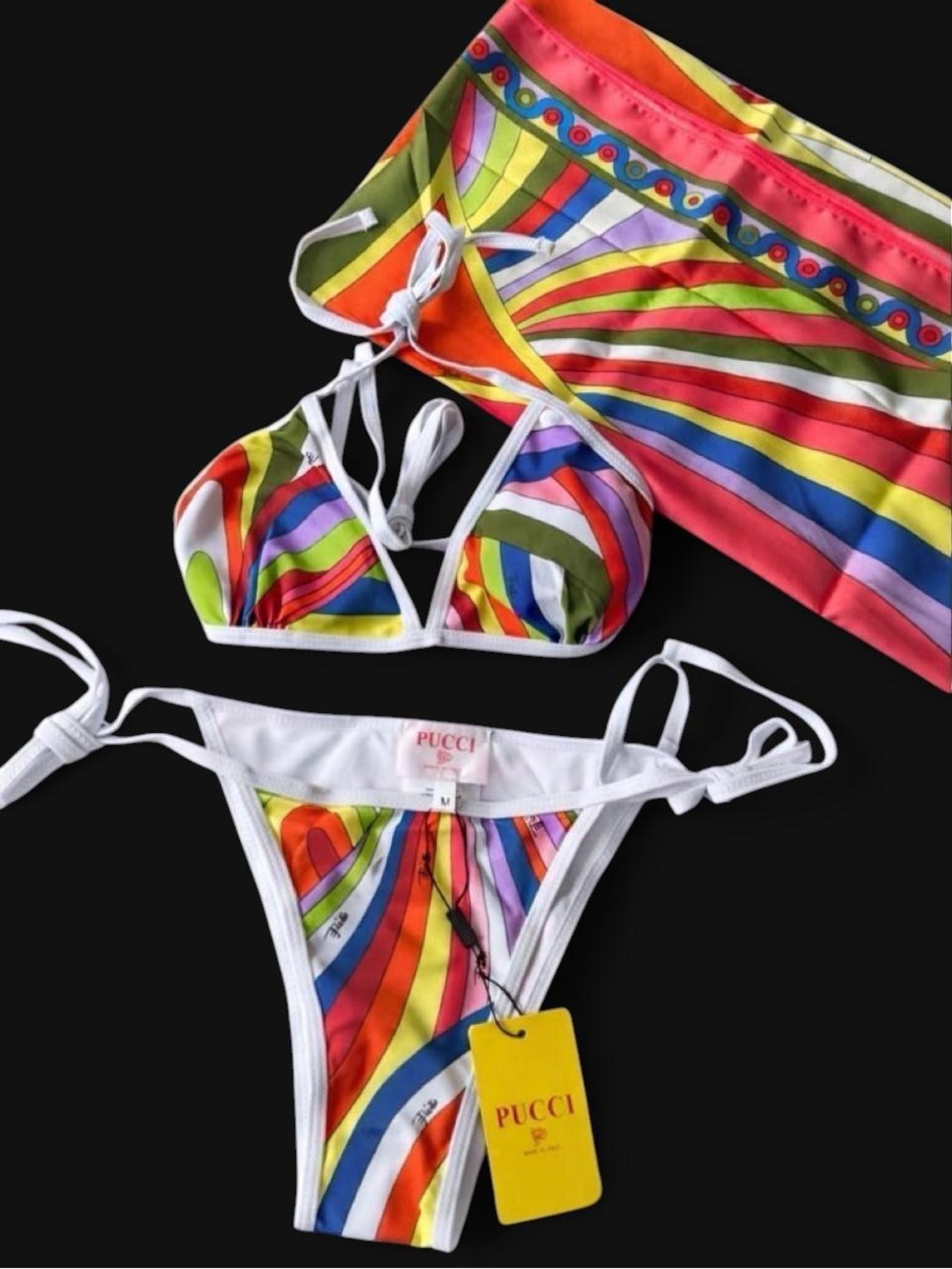 Pucci Inspired Multicolor Triangle Bikini Set with Matching Scarf